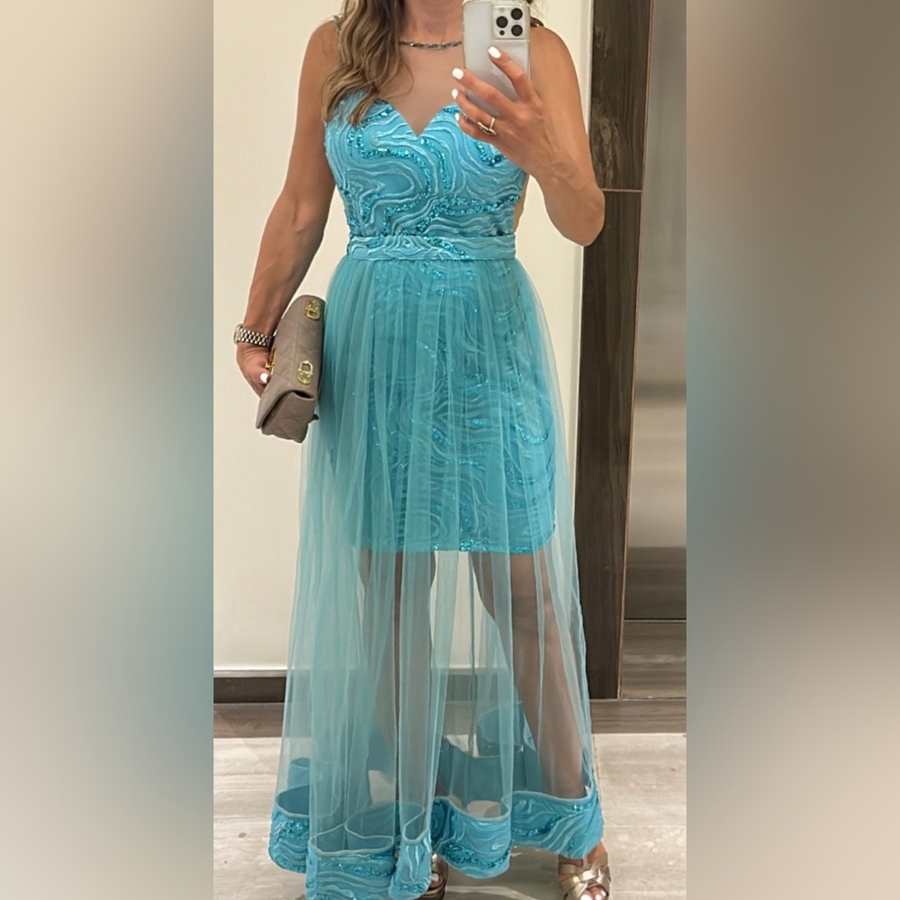 Formal Blue Dress with Blue Sheer Overlay Skirt